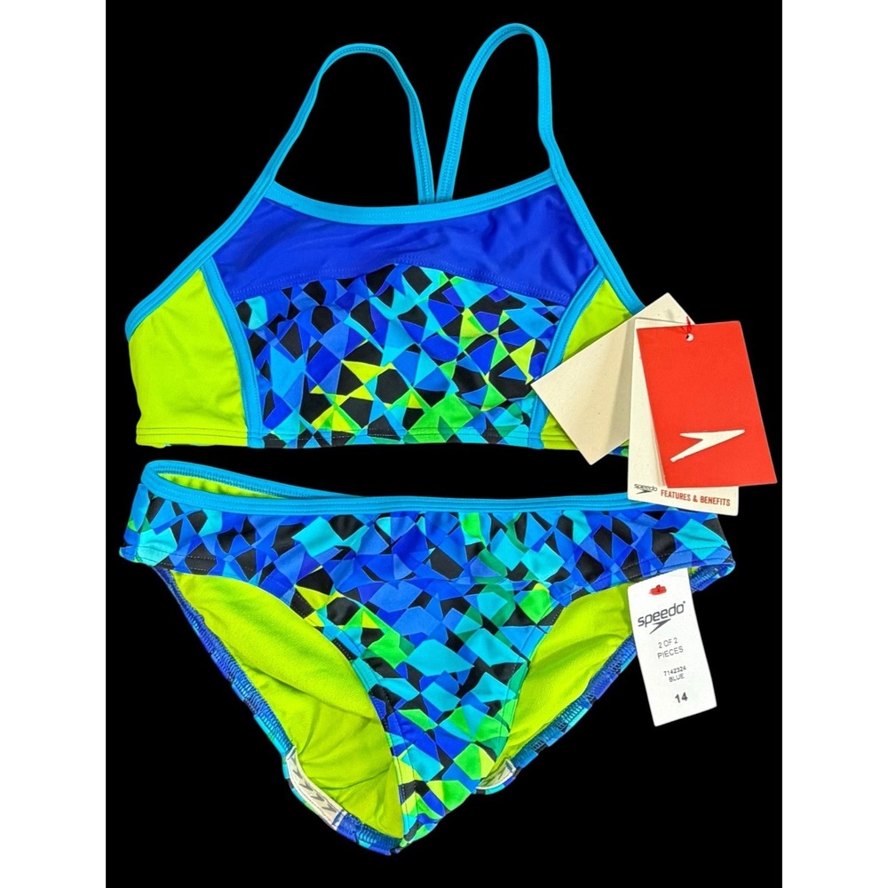 Young Girls/Teen Speedo Bathing Swim Suit NWT Size 14 Multi Color 2 Piece Geo